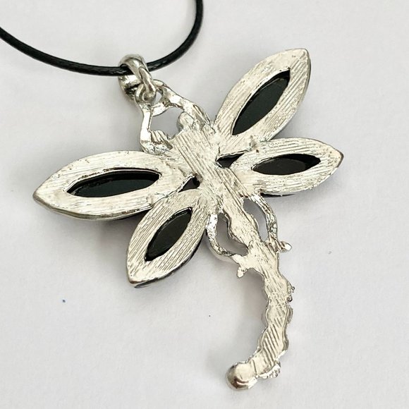Vtg Dragonfly Necklace Pendant Insect Black Crystal Silver Plated Black Cord 18" - Picture 8 of 10